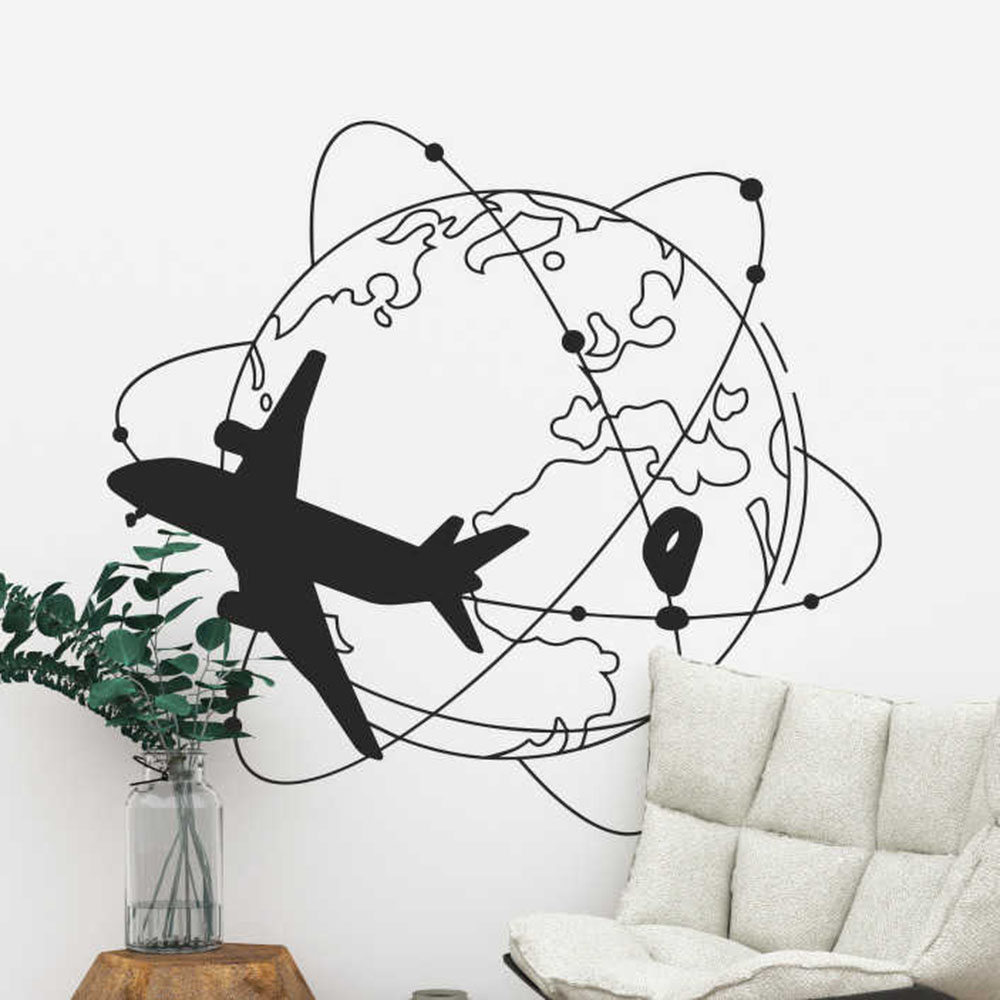 Office Furniture World - Großer Reise-Wandaufkleber „The World“, Flugzeug, Schlafzimmer,