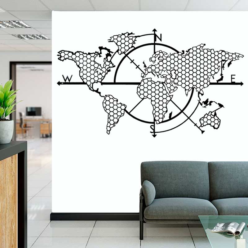 Office Furniture World - Waben Geometrische Weltkarte Kompass Vinyl Wandaufkleber
